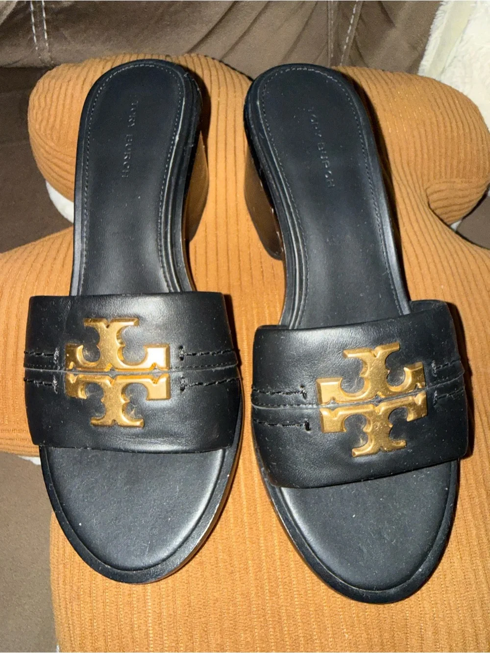 Tory Burch Black Leather Slide Mules with Gold Logo Emblem